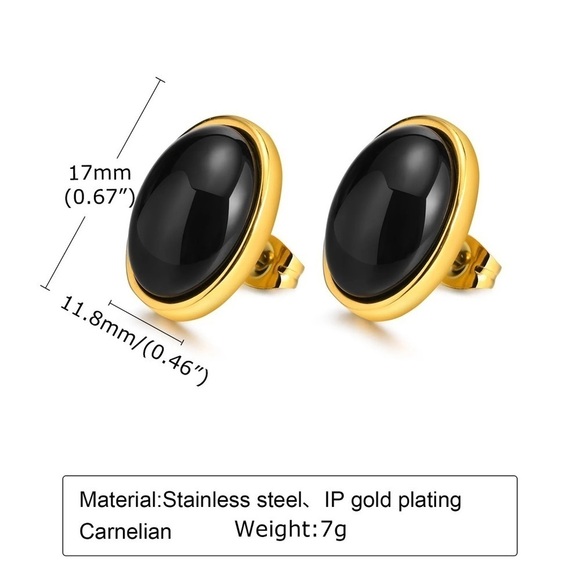 18K Gold Plated Black Agate Stud Earrings - Picture 6 of 9